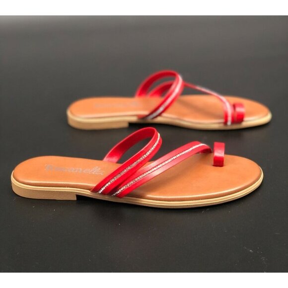 Toscanella Women's Slip-On Flat Sandals Size 6.5 Red Rhinestone Straps Summer - Picture 4 of 8